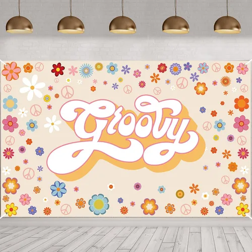 Vista 9 de Groovy - Pancarta de fondo para fiesta de cumpleaños, 6 x 3.6 pies, hippie para decoración de cumpleaños, diseño de margaritas, decoración bohemia