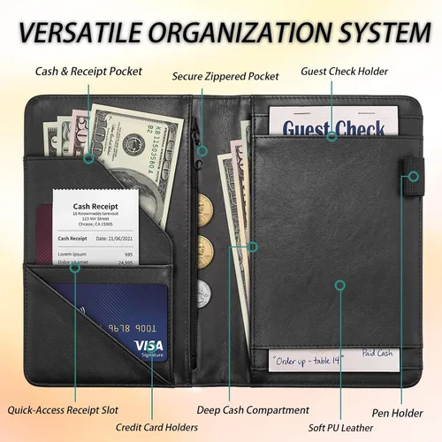 Vista 3 de Server Book for Waitress,Waiter Book with Zipper Pocket,PU Leather Waitstaff Organizer Wallet with 7 Pockets,Guest Check & Money Holder,Fits Server