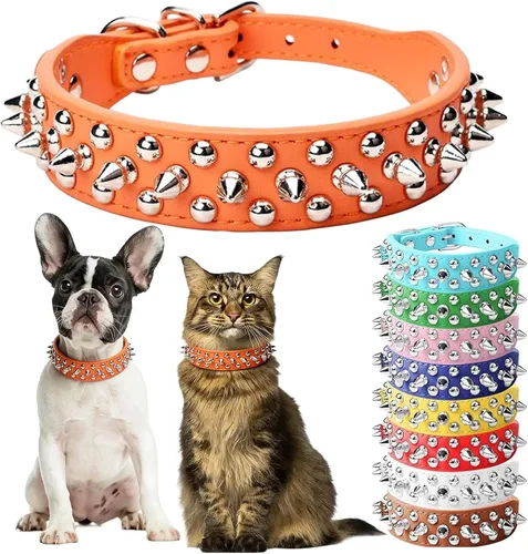 Vista 9 de Collar de perro con pinchos para perros pequeños, collares de cachorro macho con pinchos de cuero PU con remaches de hongos, collares tachonados