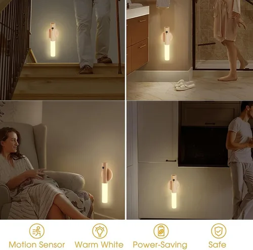 Vista 6 de Luces nocturnas con sensor de movimiento de madera LANDGOO Aplique de pared con pilas inalámbrico recargable LED para pasillo de cuerpo magnético