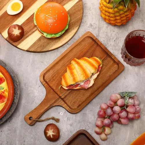 Vista 4 de Tanlade - 16 tablas de cortar de madera de acacia con asa, tablas de cortar decorativas para charcutería, pizza, pan, queso, fruta, bandeja