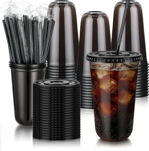 Vista 12 de tchrules Juego de 100 vasos de plástico negro de 12 onzas con tapas y pajitas, taza de café helado desechable con tapa, parte inferior redonda