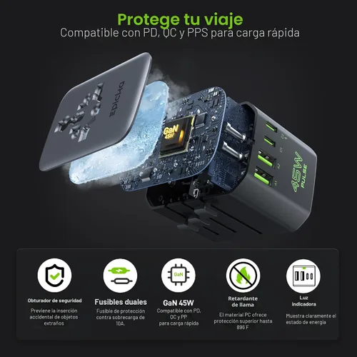 Vista 5 de Epicka Pulse Duo 45W Universal Travel Adapter PD/QC 3.0, 2AC/2USB-C/2USB-A