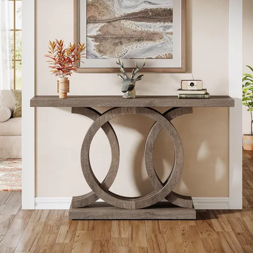 Vista 6 de Tribesigns Mesa consola de 55 pulgadas con base de madera geométrica, mesa de entrada moderna con mesa gruesa para sala de estar, pasillo, Marrón