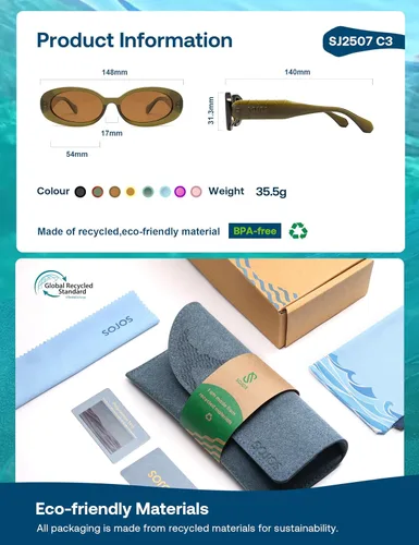 Vista 4 de SOJOS Ocean Collection - Lentes de sol polarizados ovalados retro para mujeres y hombres, marco de plástico reciclado vintage, ecológicos, luz solar