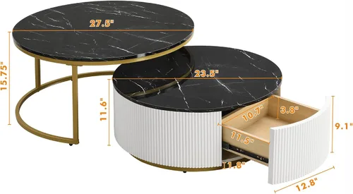 Vista 2 de Moderna mesa de centro redonda anidable acanalada con cajón en negro y dorado en 27.6 pulgadas
