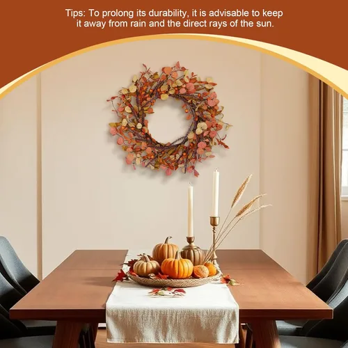 Vista 4 de Corona de otoño de 20 pulgadas para puerta delantera, decoración de otoño con hojas de eucalipto naranja, coronas rústicas de cosecha de Acción
