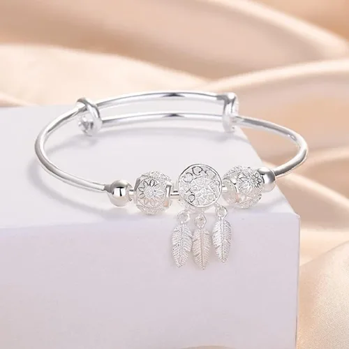 Vista 5 de Harlorki Pulsera ajustable para mujer con colgante de hoja de bola de la suerte 925 chapada en plata