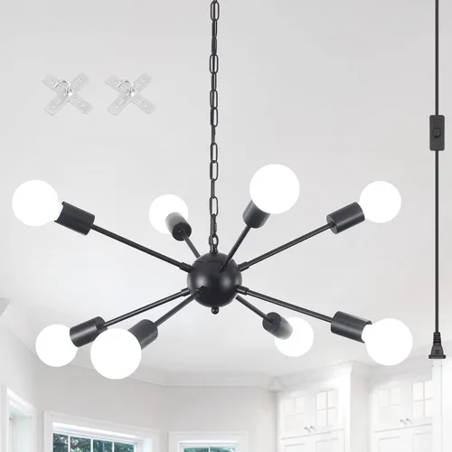 Vista 9 de Lámpara colgante enchufable, 6 luces colgantes con cable de enchufe de 16.4 pies e interruptor de encendido/apagado de níquel cepillado, lámpara