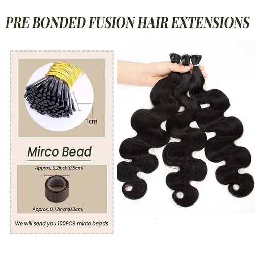 Vista 3 de Extensiones de cabello humano ondulado con punta I para mujer, extensiones de cabello Remy con punta de palo de fusión fría, pegamento de queratina