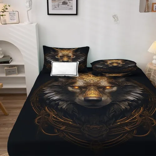 Vista 3 de Juego de sábanas Queen – Sábanas de cama de lobo, sábanas y fundas de almohada de color negro y dorado, microfibra suave, bolsillo profundo y sin