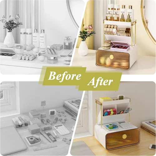 Vista 4 de FOLLOWIN Organizador de maquillaje de 3 niveles con cajón, exhibición de cosméticos con soporte para brochas de pintalabios, organizadores