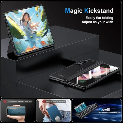 Vista 5 de Funda para Samsung Z-Fold-3: [Soporte oculto] [Carga inalámbrica] Funda delgada con protección de bisagra ligera con protector de pantalla - Funda