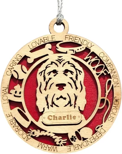 Vista 60 de Adorno de Navidad personalizado para perro Cavalier King Charles Spaniel, redondo de 3 pulgadas, madera cortada con láser de 2 capas, nombre y texto