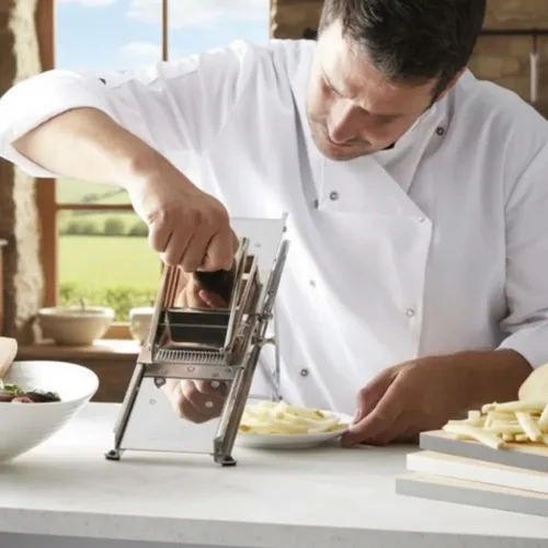 Vista 4 de Soro Essentials - Cortador de alimentos de mandolina ajustable de acero inoxidable con 2 cuchillas de protección de mano de seguridad- Cortador
