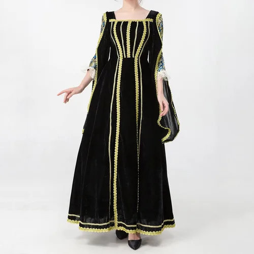 Vista 2 de Vestido retro de manga larga con cuello cuadrado para mujer, vestido largo vintage para cosplay