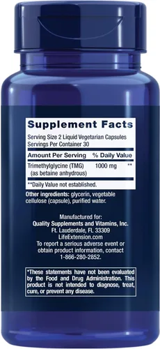 Vista 2 de Life Extension TMG, trimetilglicina, fomenta niveles saludables de homocisteína, sin OGM, sin gluten, vegetariano, 60 cápsulas