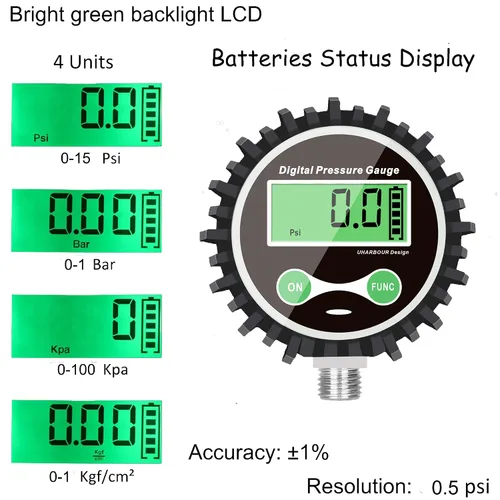 Vista 3 de Manómetro digital de baja presión con conector inferior NPT de 1/4 pulgadas y protector de goma de Uharbour, 0.35-15 psi, precisión 1% .F.S.