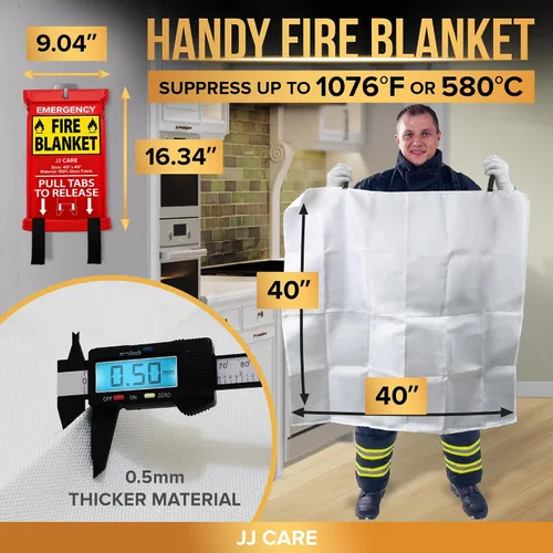 Vista 3 de JJ CARE Manta contra incendios – 2 paquetes con ganchos y guantes – Manta de emergencia contra incendios para el hogar y la cocina, mantas