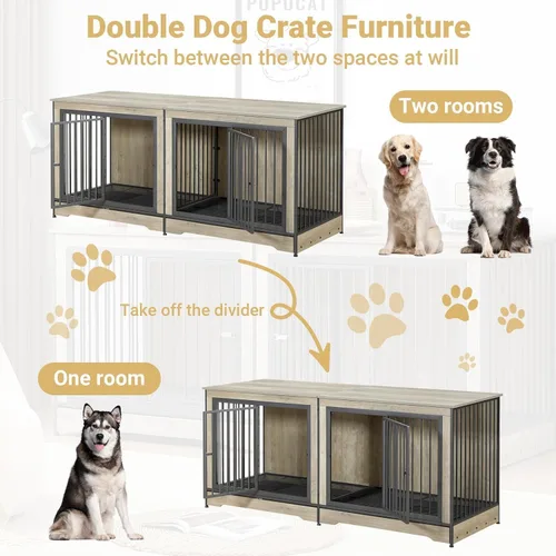 Vista 9 de Rovibek Mueble doble para perros de 75 pulgadas para 2 perros grandes, muebles resistentes, estilo jaulas para perros, mesa auxiliar, jaulas