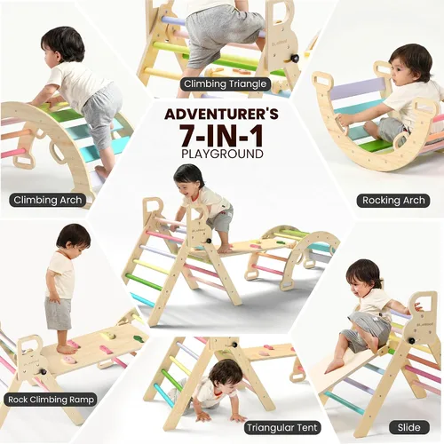 Vista 3 de BlueWood Pikler - Juego de triángulos de madera para niños pequeños, escalador plegable 7 en 1 para interiores para niños, juego de filosofía