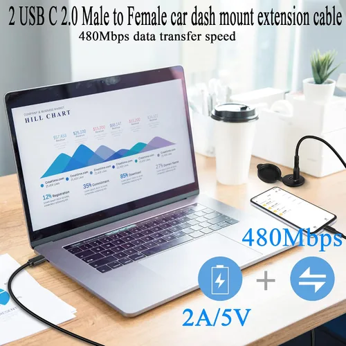 Vista 2 de QIANRENON 2 USB C roscado montaje empotrado cable impermeable doble USB C 2.0 macho a hembra montaje en tablero de coche cable de extensión