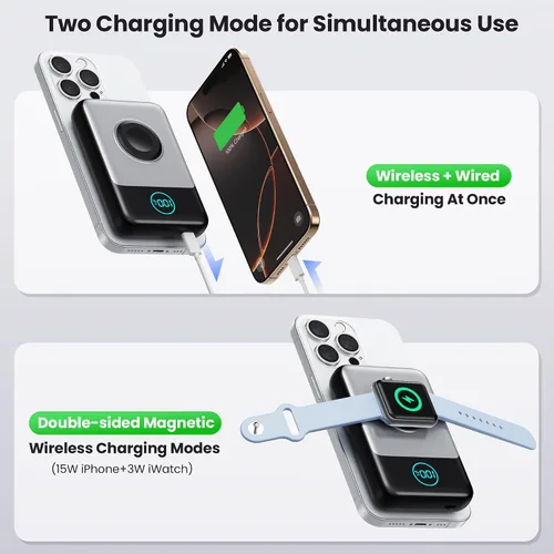 Vista 5 de Cargador portátil magnético para iPhone, Banco de energía inalámbrico Qi2 de 10800mAh y 15W con cargador para iWatch, Paquete de batería de viaje