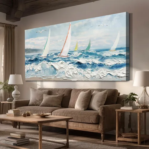Vista 15 de Enartly Arte de pared texturizado 3D con ondas oceánicas para sala de estar, paisaje marino azul, velero, lienzo, pintura costera, obra de arte