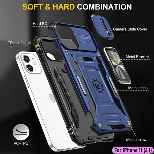 Vista 3 de Funda resistente para Apple iPhone 11, protección híbrida de goma de doble capa de grado militar con protector de cámara deslizante, soporte Azul