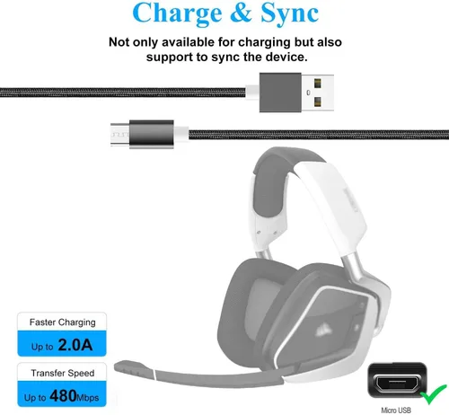Vista 2 de Cable de carga USB de repuesto para Corsair Gaming VOID RGB Elite Wireless Premium Gaming Headset Cable micro USB (5 pies negro)