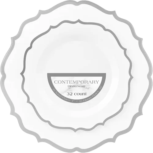 Vista 11 de PLASTICPRO Juego de 32 elegantes platos desechables de plástico que incluye 16 platos llanos y 16 platos de ensalada, platos de fiesta resistentes