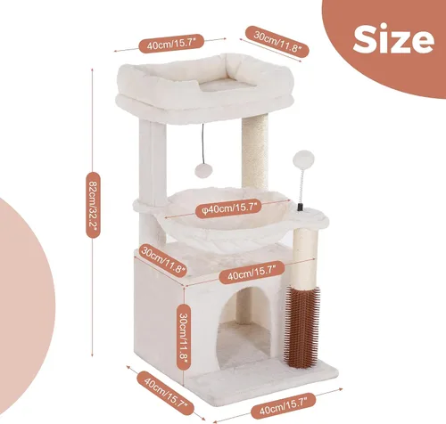 Vista 6 de Árbol para gatos pequeños de 32 pulgadas para gatos grandes, torre para gatos adultos con poste rascador, hamaca grande de 15.7 pulgadas y auto Beige