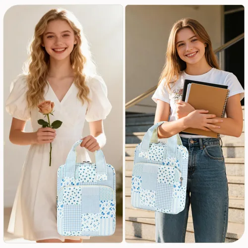 Vista 3 de DSIUE Funda para la Biblia para niños, funda de pana para llevar la Biblia, soporte para libros, bolsa con asa y bolsillos, diseño floral de retazos