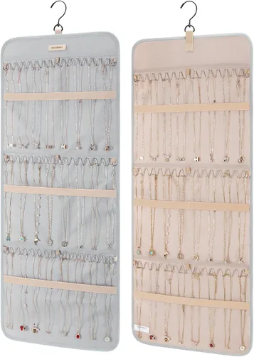 Vista 15 de BAGSMART Organizador de joyas colgante con rollo de almacenamiento y ganchos metálicos de doble cara para aretes, collares, anillos en armario, Negro