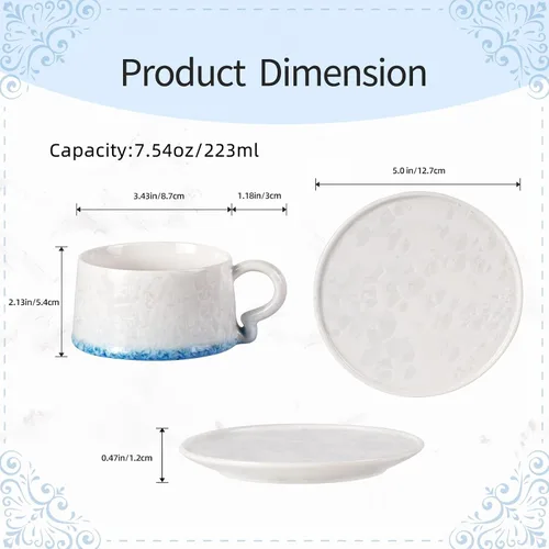 Vista 2 de Juego de 2 tazas de té y platillos KAMMAK, tazas de café de porcelana, 7.5oz tazas de expreso con esmalte cristalino, tazas de cerámica demitaza