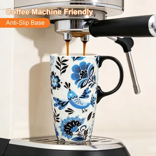 Vista 2 de Topadorn Taza de Café de Cerámica de Viaje con Tapa y Caja de Color, 17oz Termo de Café Apto para Microondas y Lavavajillas, Pájaro Azul