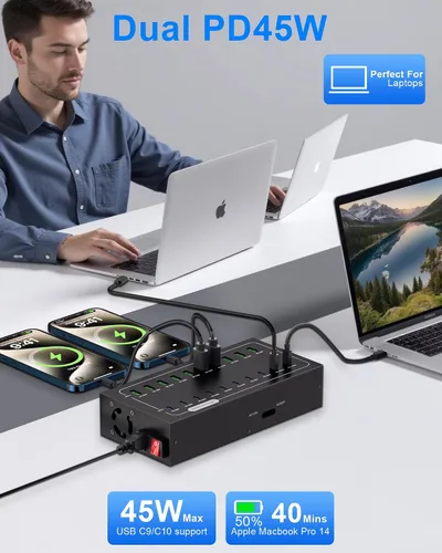 Vista 4 de Estación de carga USB de 580W, estación de carga rápida de 20 puertos para múltiples dispositivos, bloque de cargador USB C PD dual de 45W, entrega