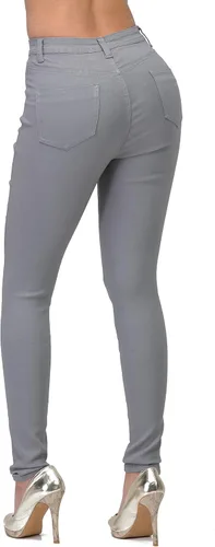 Vista 3 de Jeans elásticos de tiro alto para mujer, diseño ajustado y desgastado, disponible en color verde oliva, mostaza y rojo
