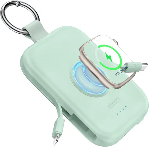 Vista 14 de RORRY Cargador portátil, batería externa portátil de 5000 mAh con cables integrados, paquete de batería en llavero de viaje para Apple Watch Negro