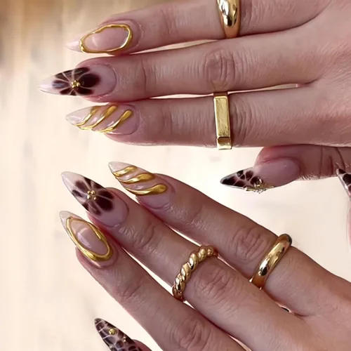 Vista 27 de NBNTGH Uñas postizas a presión de punta francesa blanca, uñas postizas de línea dorada, uñas postizas medianas con diseño de almendra, uñas postizas