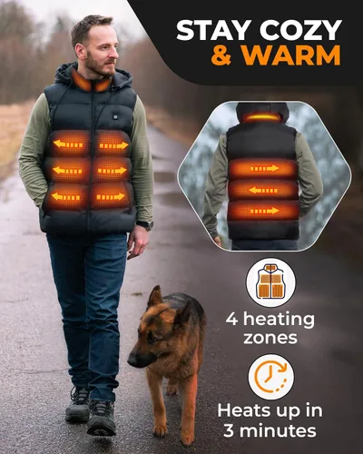Vista 2 de Foxelli Chaleco calefactado para hombre chaleco ligero recargable por USB con batería incluida Negro