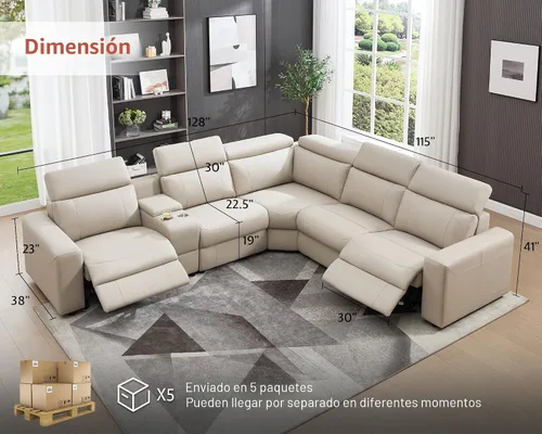 Vista 2 de Sofá Reclinable Eléctrico AMERLIFE, Sofá Reclinable con Consola y Reclinación Dual, Sofá Seccional de Cuero para Sala de Estar, Beige Marrón
