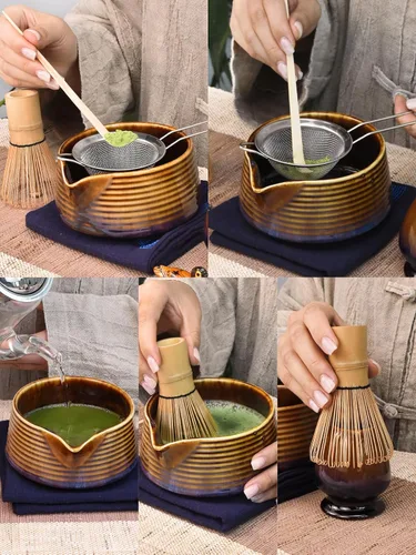 Vista 6 de Artcome Juego de té Matcha – Kit japonés Matcha con batidor de bambú, cuenco de boquilla para vertido, cuchara, tamiz, soporte y manual
