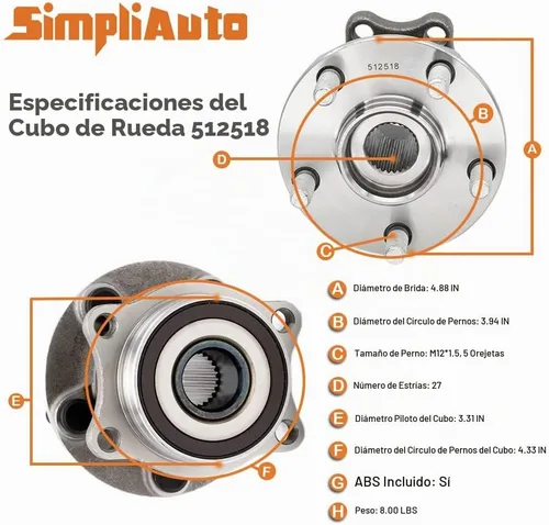 Vista 3 de 2 rodamientos de rueda trasera 512518 y conjunto de cubo compatibles con Subaru Forester 2014-2018, Impreza 2012-2021, Crosstrek XV 2013-2015