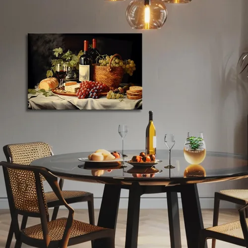Vista 3 de OAAPITI Cuadros de Cocina Decoración de Pared Acuarela Vino Uva Pan Impresión en Lienzo Pinturas Abstractas de Frutas y Alimentos para Comedor Casa