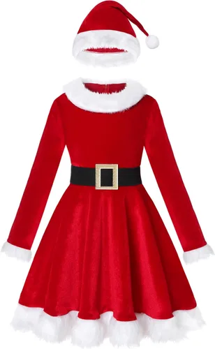 Vista 5 de Vestido de Mamá Noel para niñas, disfraz de Navidad, rojo, terciopelo, 4-10 años