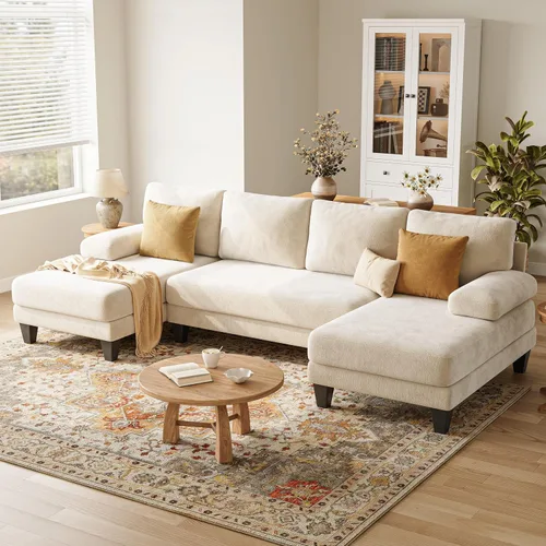 Vista 8 de Sofás seccionales en forma de U para sala de estar, sofá de felpilla con diván doble, sofá seccional gris oscuro de 112 pulgadas para apartamento