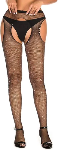 Vista 5 de Brasier de malla con diamantes de imitación brillantes y mallas de cintura alta pantalones de asiento abierto malla con agujero para mujer