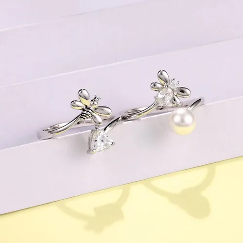 Vista 6 de FJ Anillo abierto de plata de ley para mujer, con piedra natal (anillo ajustable)