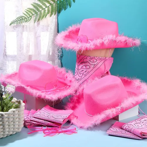 Vista 2 de Paquete de 24 sombreros de vaquera con bandana de cachemira y lentes de corazón, sombreros de vaquera de plumas esponjosas para fiesta